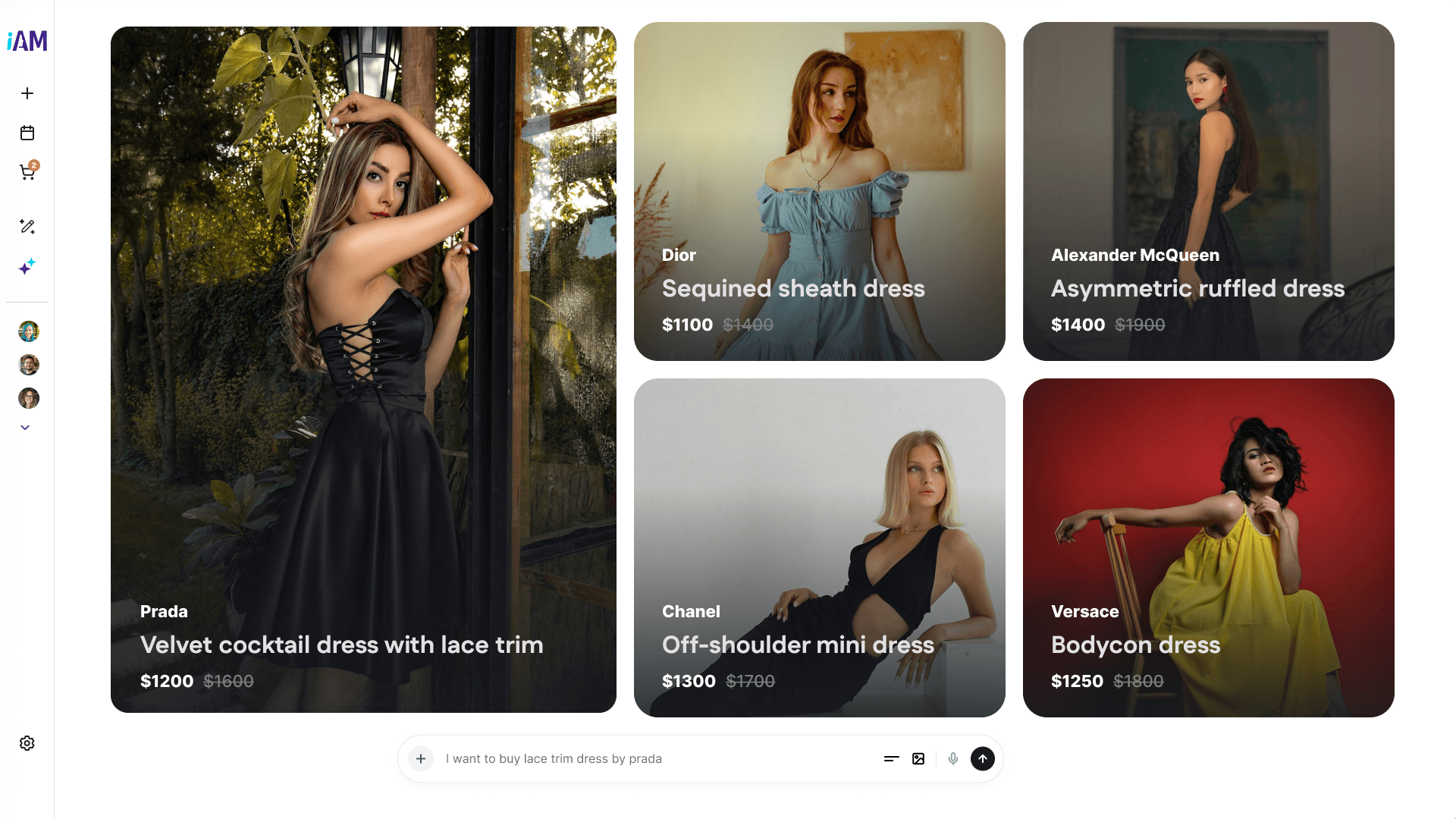 Product discovery on iAM — one line, “I want to buy lace trim dress by prada”, and the Stage answers